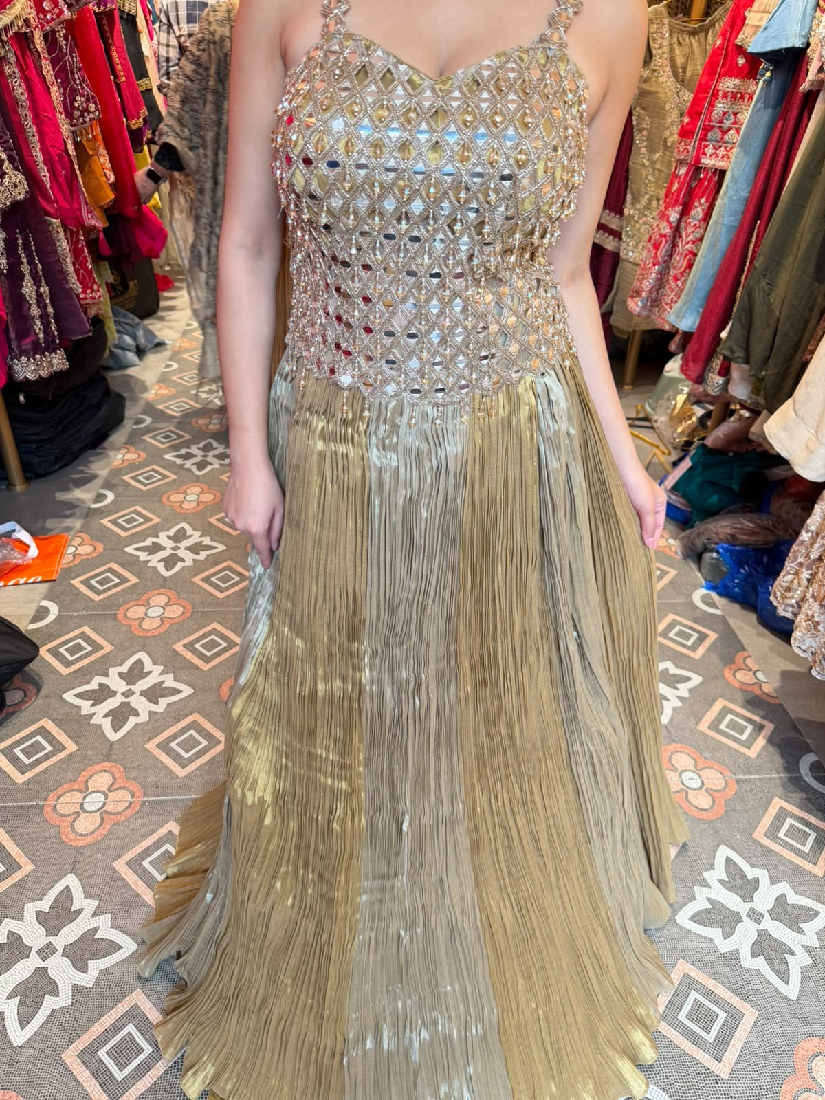 Champagne Gold Mirror-Work Corset Lehenga