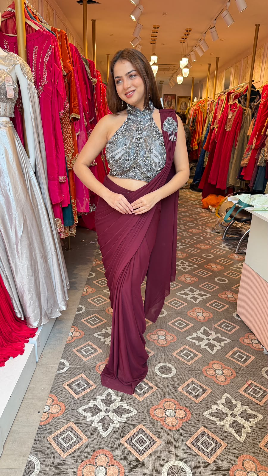 Pre-Draped Saree with Silver Crystal Embellished Halter-Neck Blouse