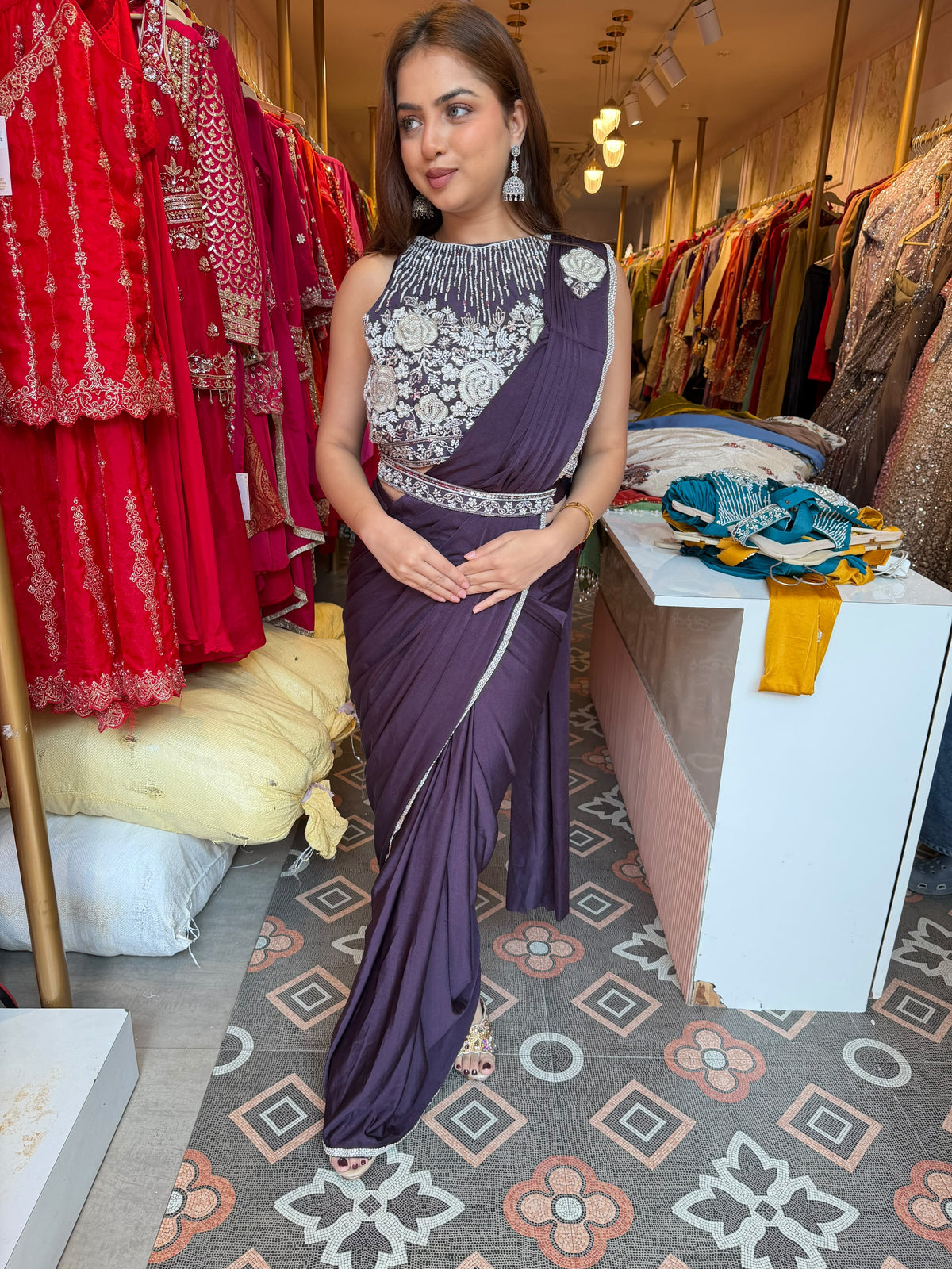 Royal  Pre-Draped Saree with Silver Embroidered Blouse