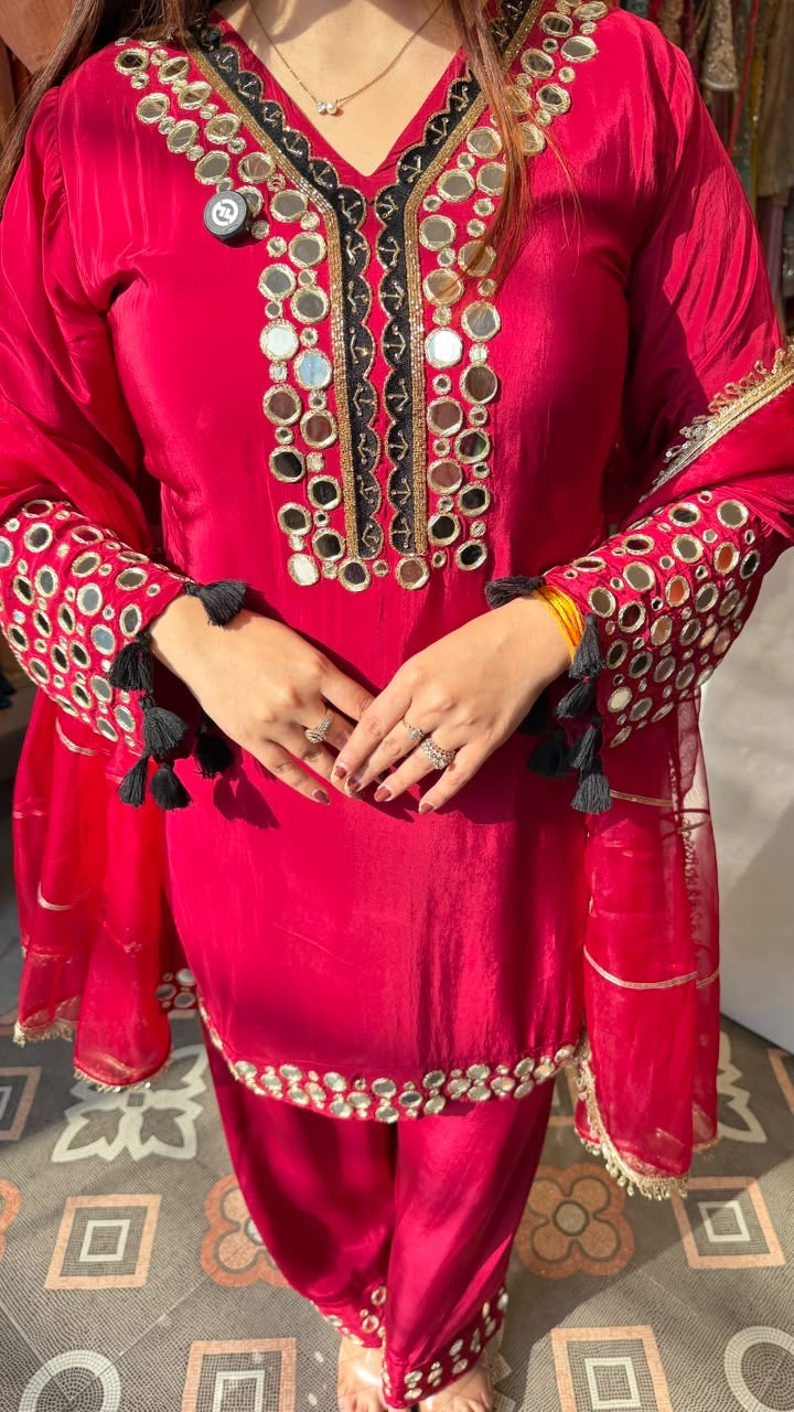 Fuchsia Pink Mirror-Work Kurta with Cigarette Pants Set