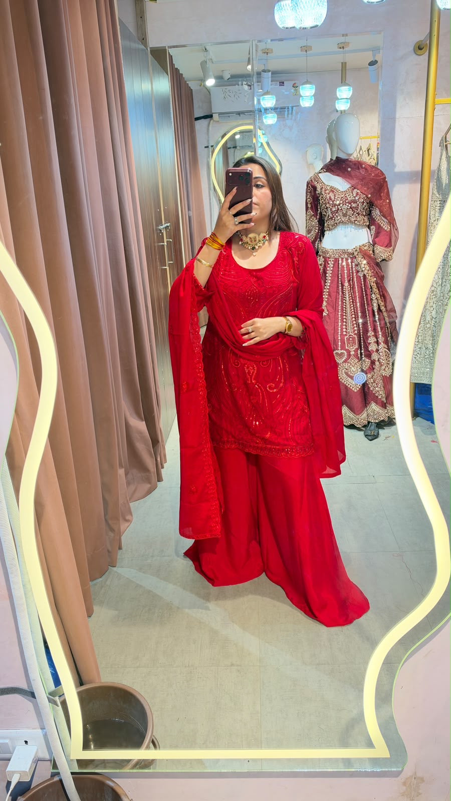 Red Embroidered Punjabi Suit Set with Palazzo