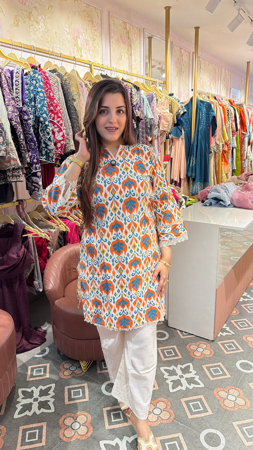 Orange & Blue Ikat Print Cotton coord set