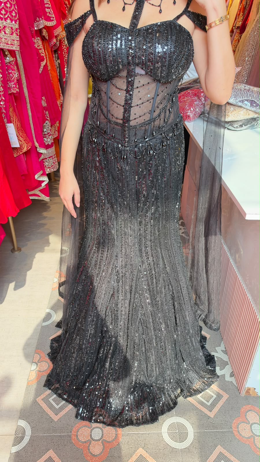Sequin Glamour Gown with Sheer Corset Bodice