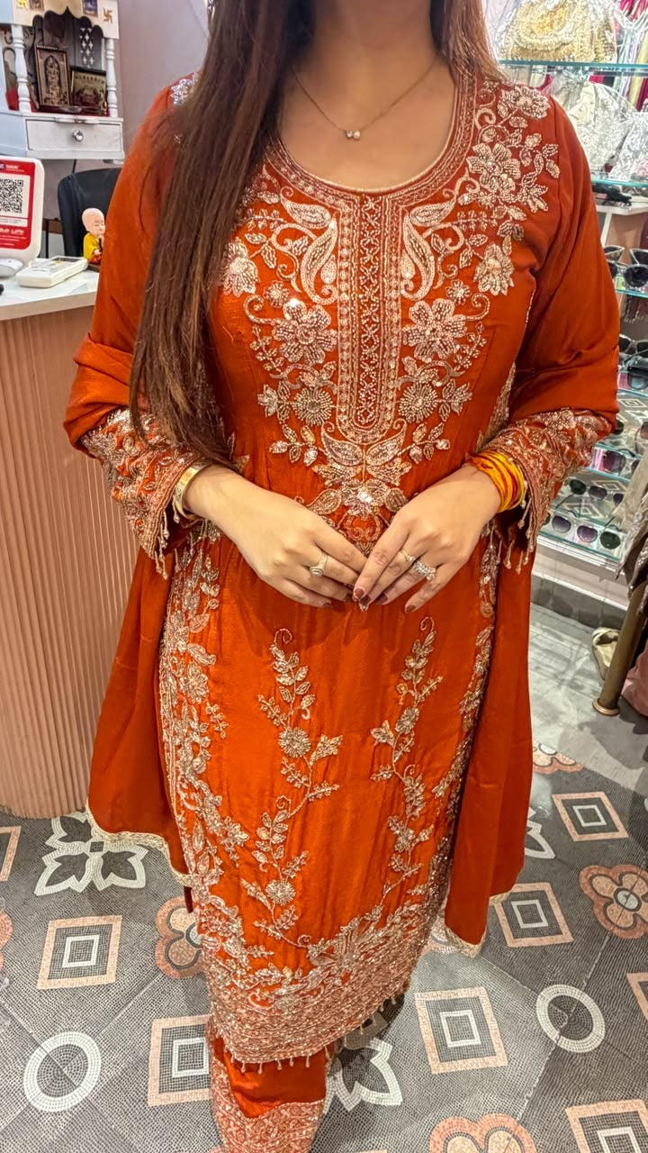 Embroidered Straight Kurta with Palazzo Pants & Dupatta