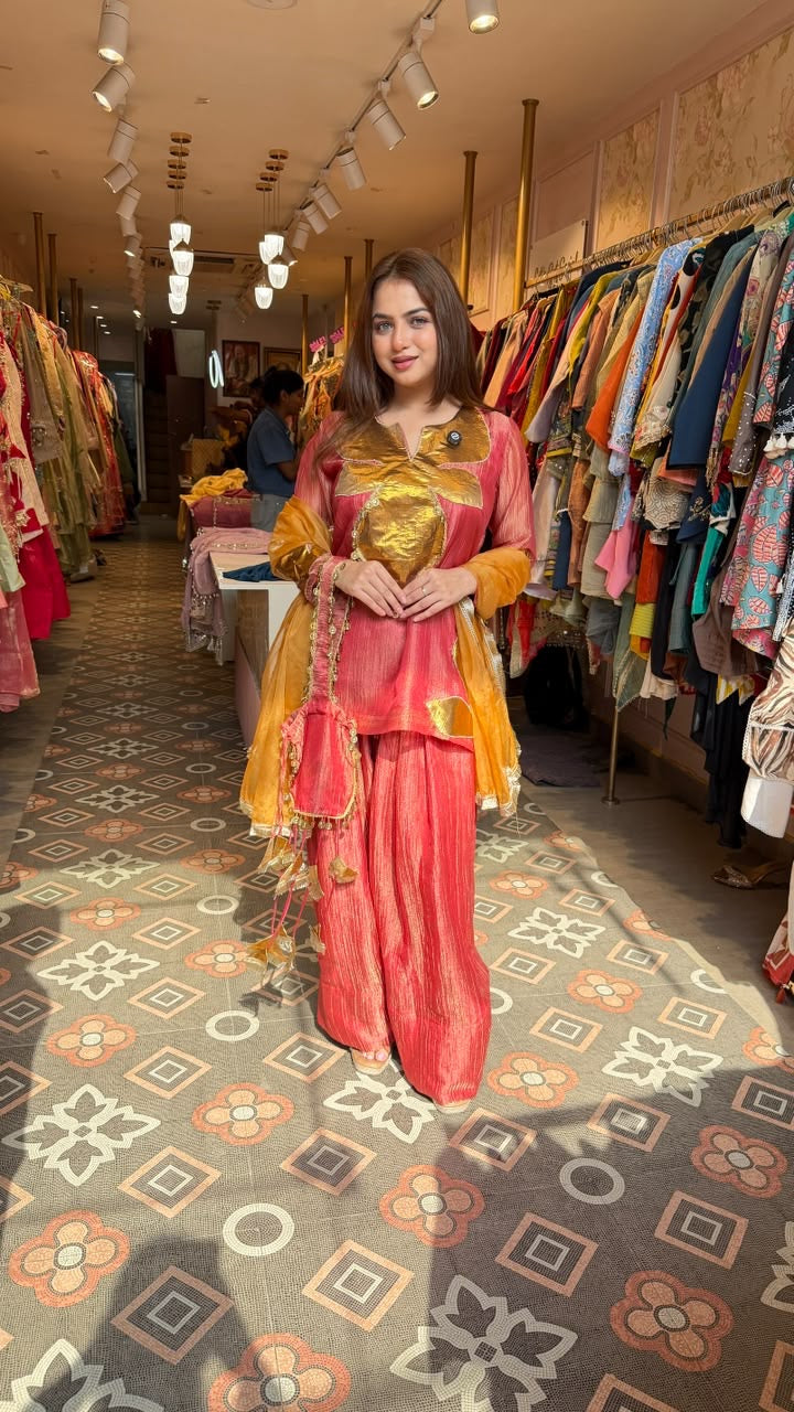 Peplum Kurta with Flared Pants & Organza Dupatta Set