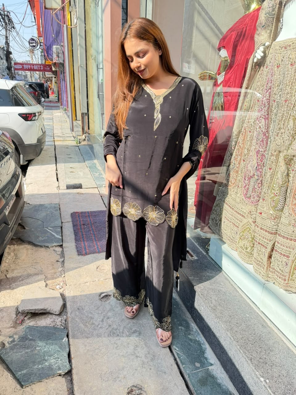 Elegant Black Charcoal Embroidered Straight-Cut Suit Set