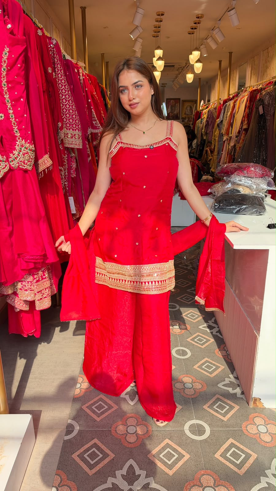 Red Punjabi Sleeveless Kurti with Palazzo suit