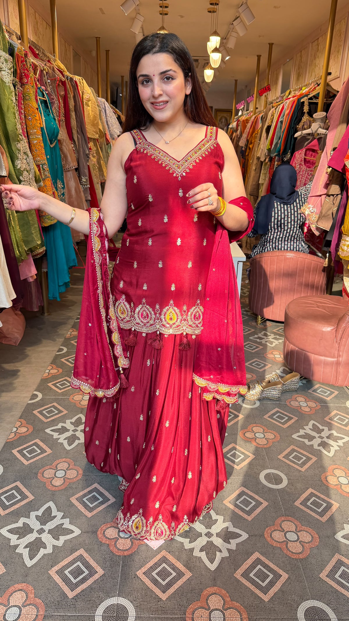 Red Embroidered Peplum Sharara Set / Short Kurta Sharara Set