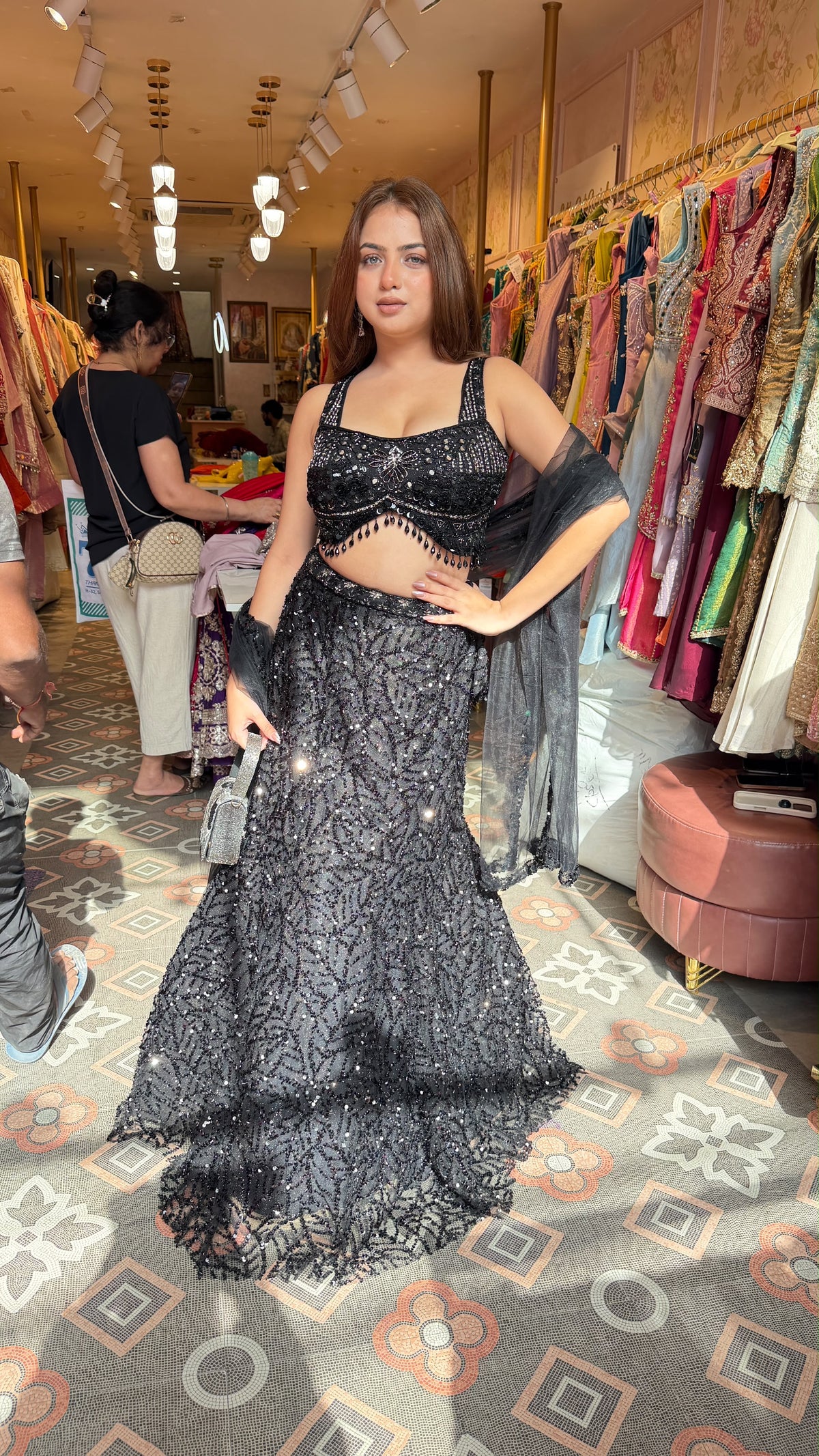 Black Sequin Mermaid Lehenga with Embellished Bustier & Sheer Dupatta