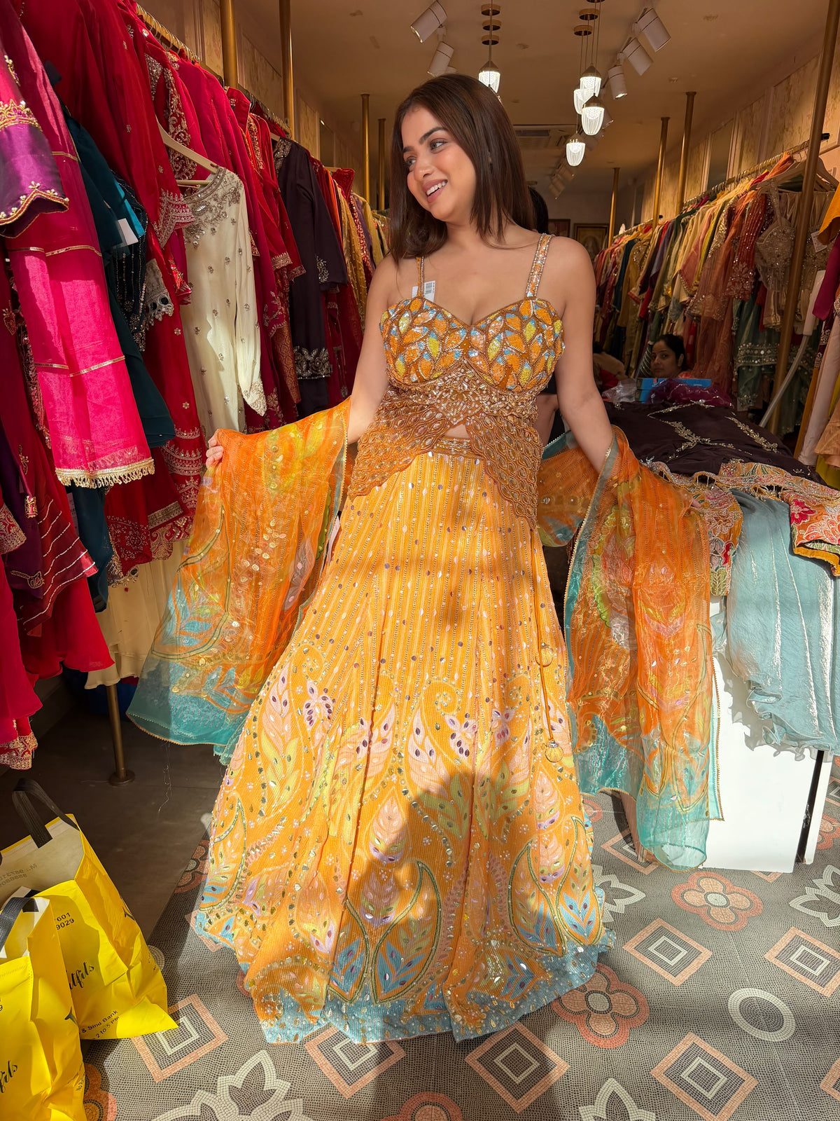 Sunshine Yellow & Turquoise Blue Embroidered Lehenga Choli with Dupatta