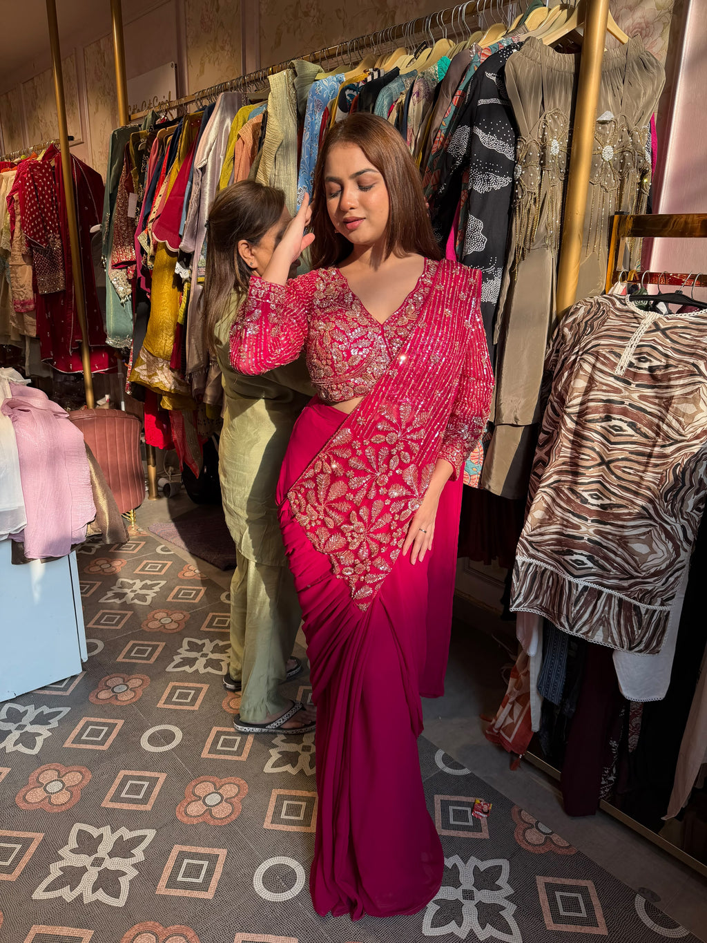 Fuchsia Pink Pre-Draped Saree with Embroidered Blouse