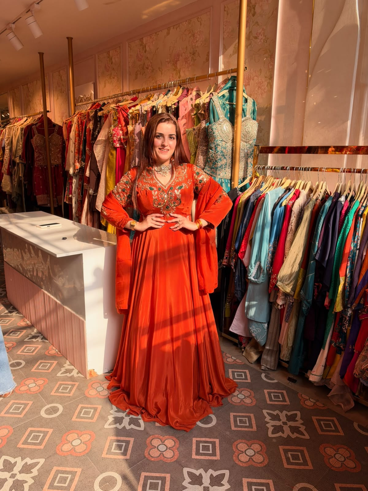 Rust Orange Embroidered Floor-Length Anarkali suit with Matching Dupatta
