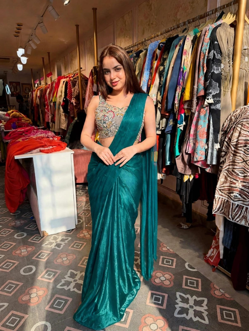 Heavy Blouse Shimmer Draped Saree