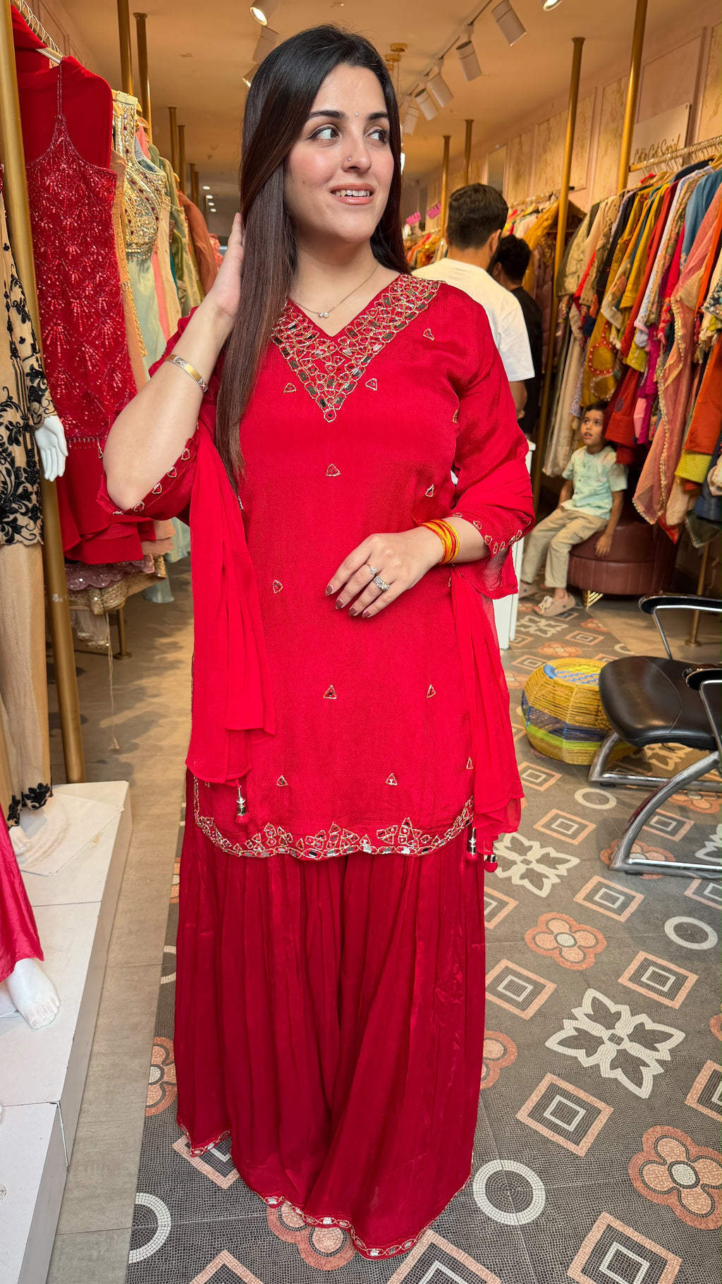Red Embroidered Peplum Kurta with Sharara Set