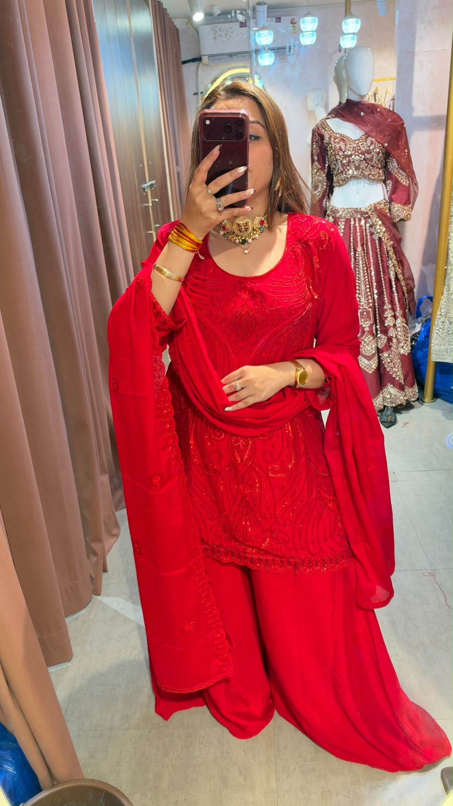 Red Embroidered Punjabi Suit Set with Palazzo