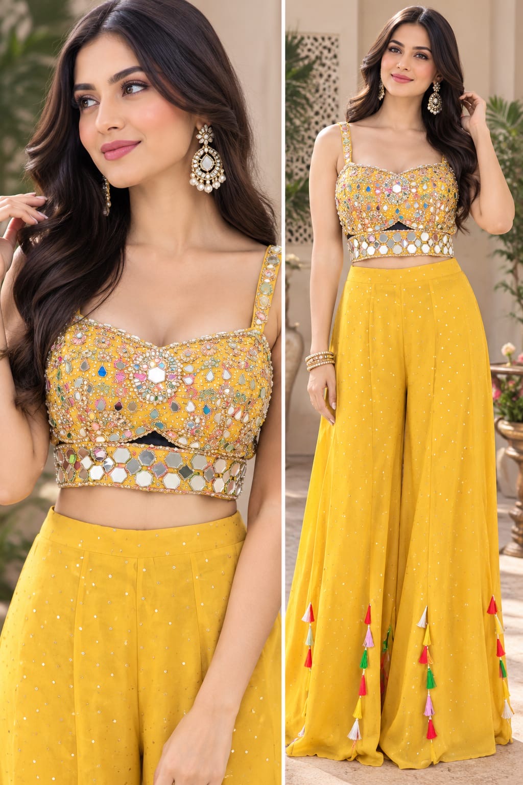 Yellow Mirror-Work Crop Top & Palazzo Sharara Set