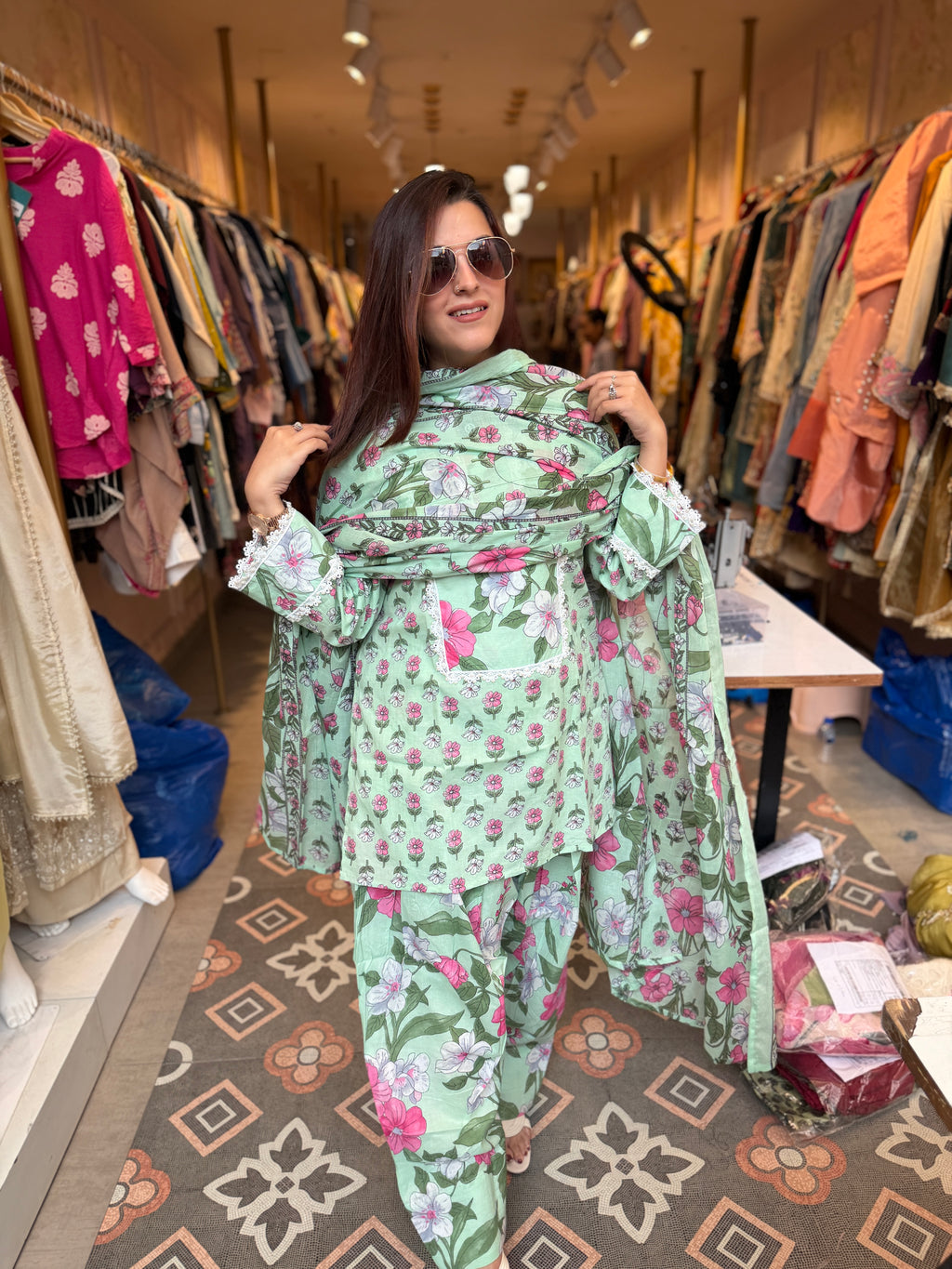 Mint Blossom Printed Lawn Suit with Chiffon Dupatta