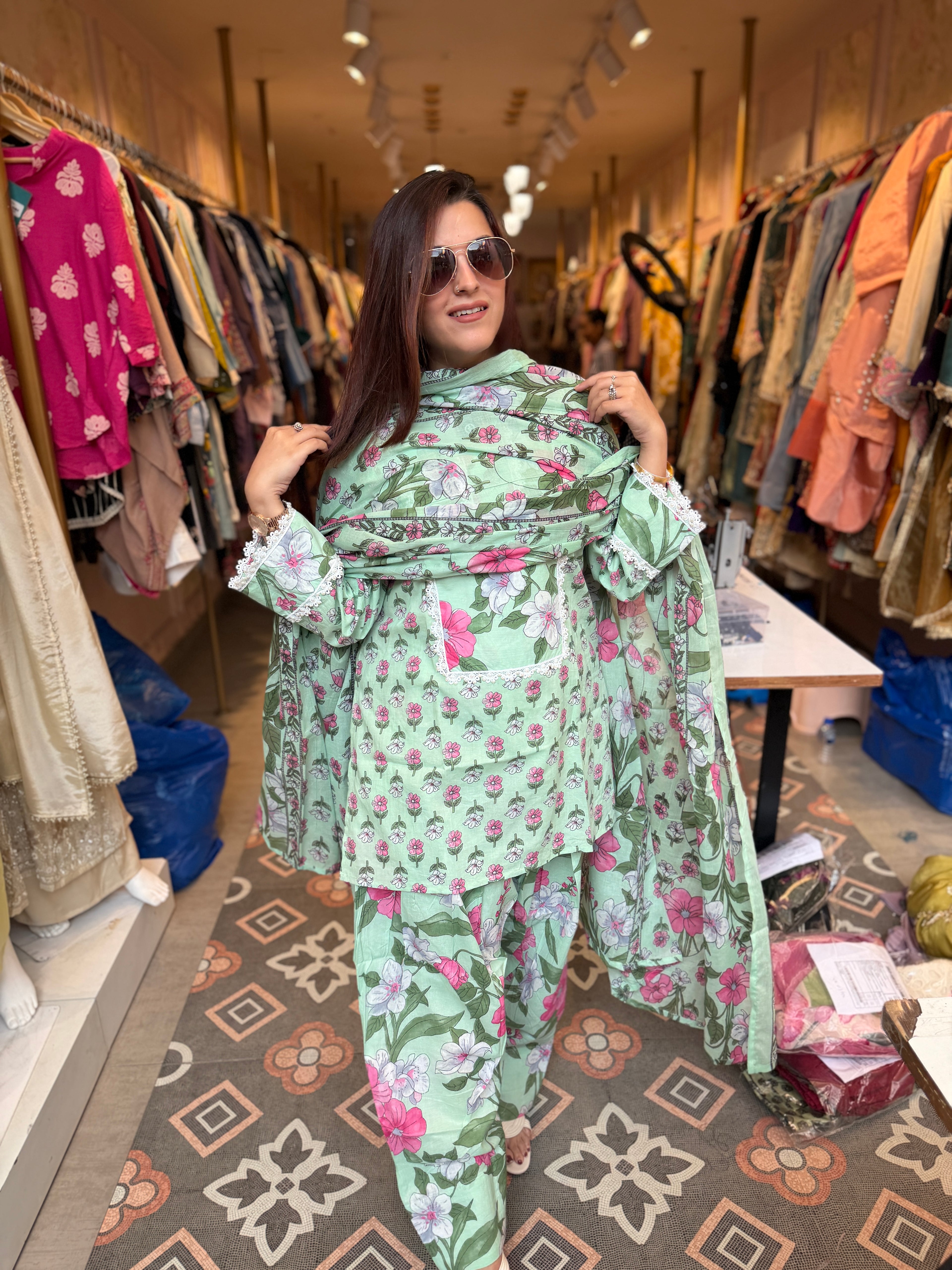 Mint Blossom Printed Lawn Suit with Chiffon Dupatta