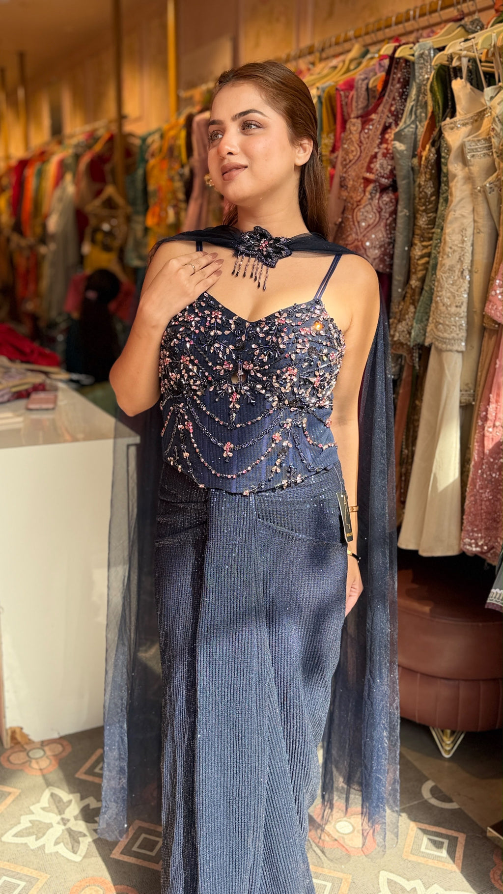Sequin Corset Top with Wide-Leg Palazzo Pants