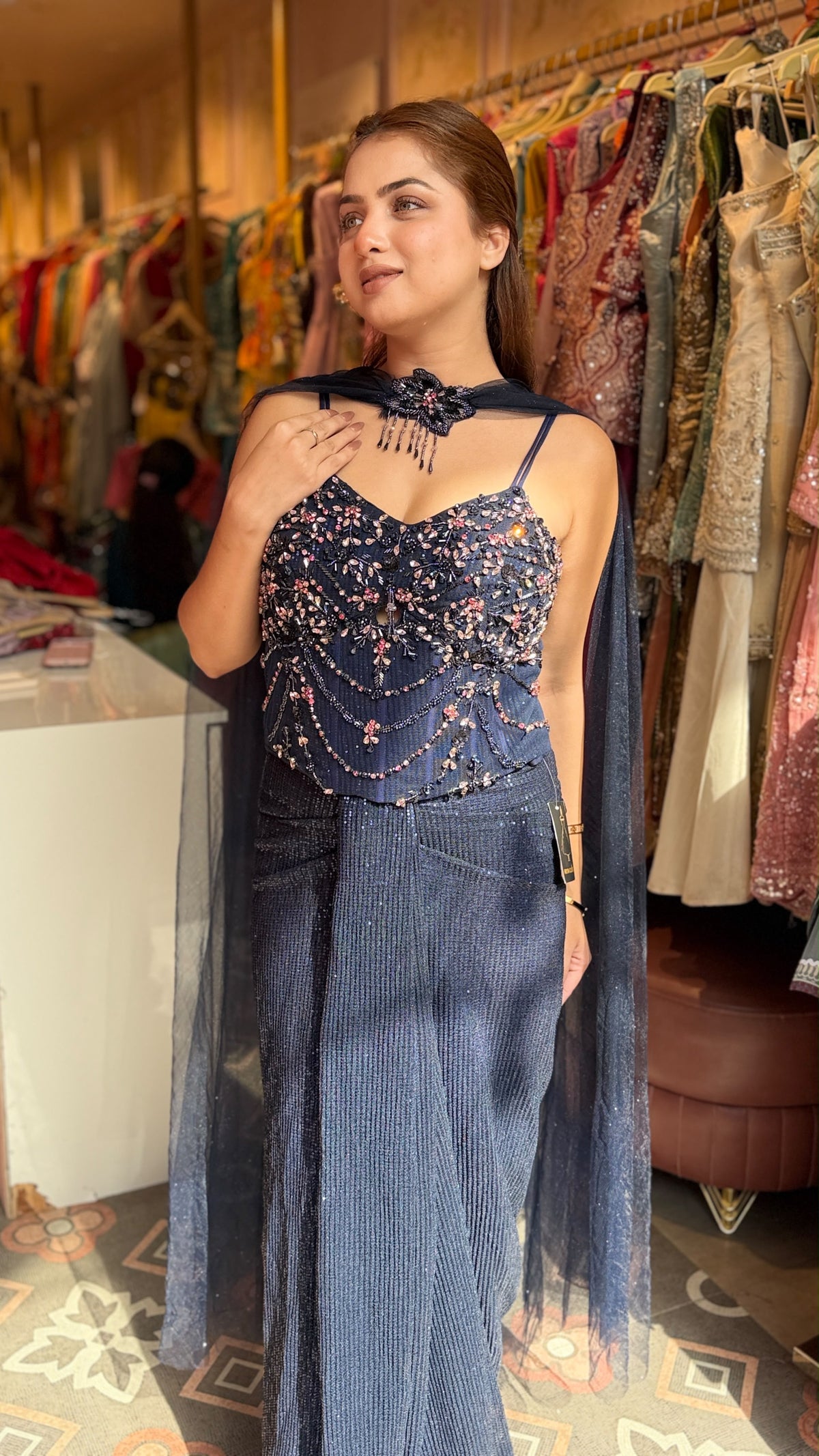 Sequin Corset Top with Wide-Leg Palazzo Pants