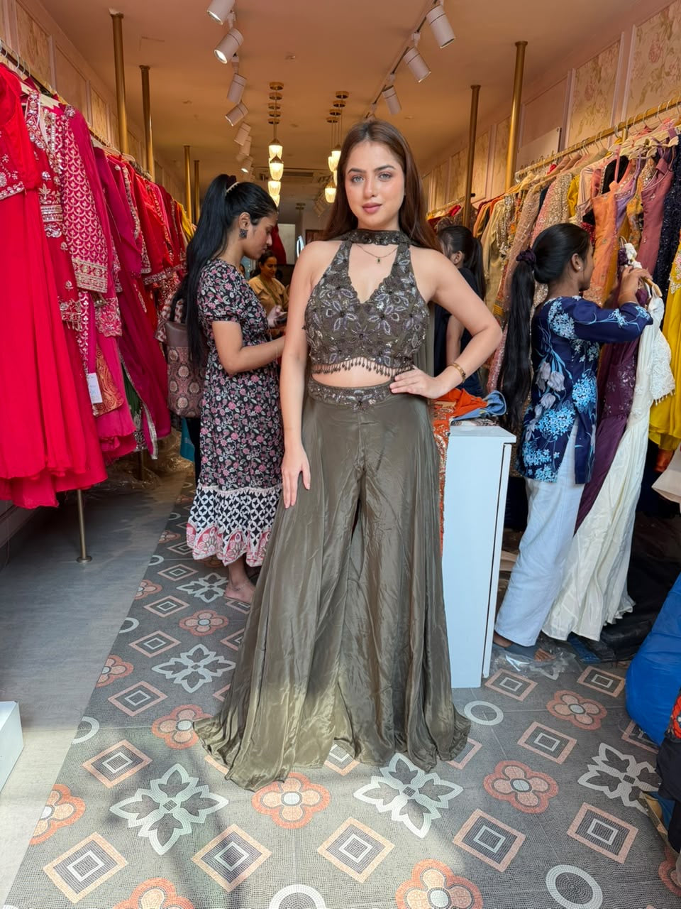 Olive Grey Metallic Lehenga Set