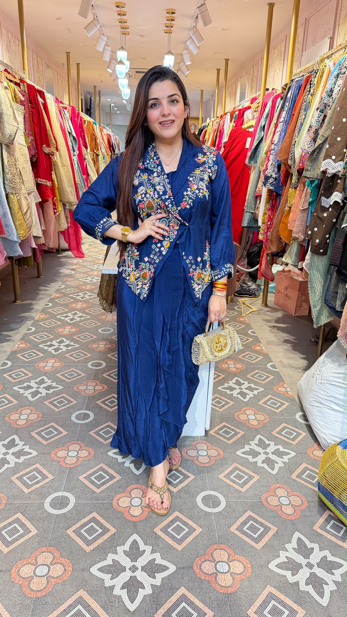 Indigo Blue Embroidered Angrakha-Style Kurta Set