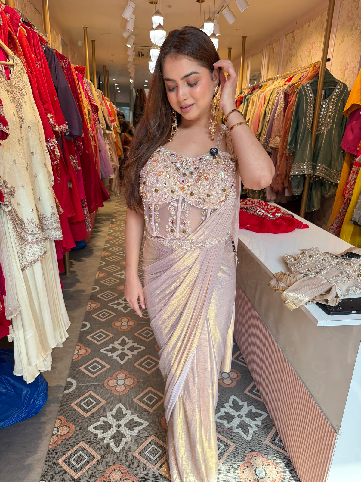 Gold Pre-Draped Saree with Embellished blouse