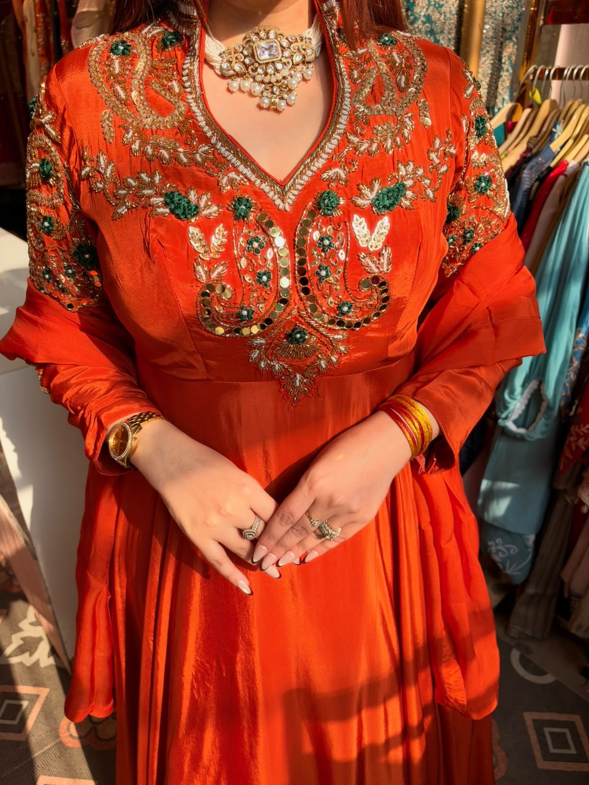 Rust Orange Embroidered Floor-Length Anarkali suit with Matching Dupatta