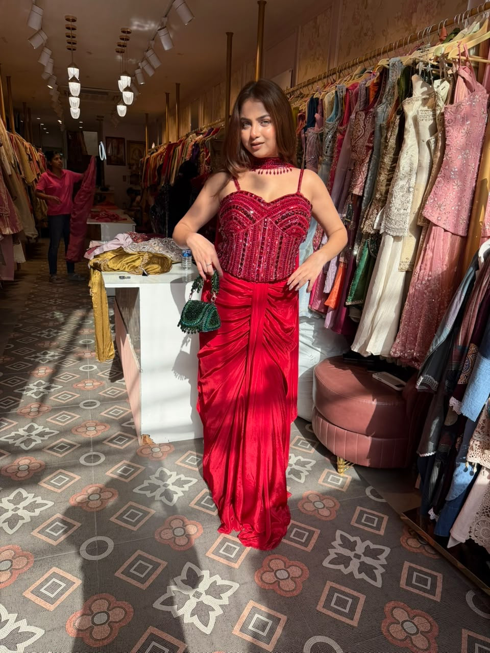 Red Sequin Corset Top with Draped Skirt