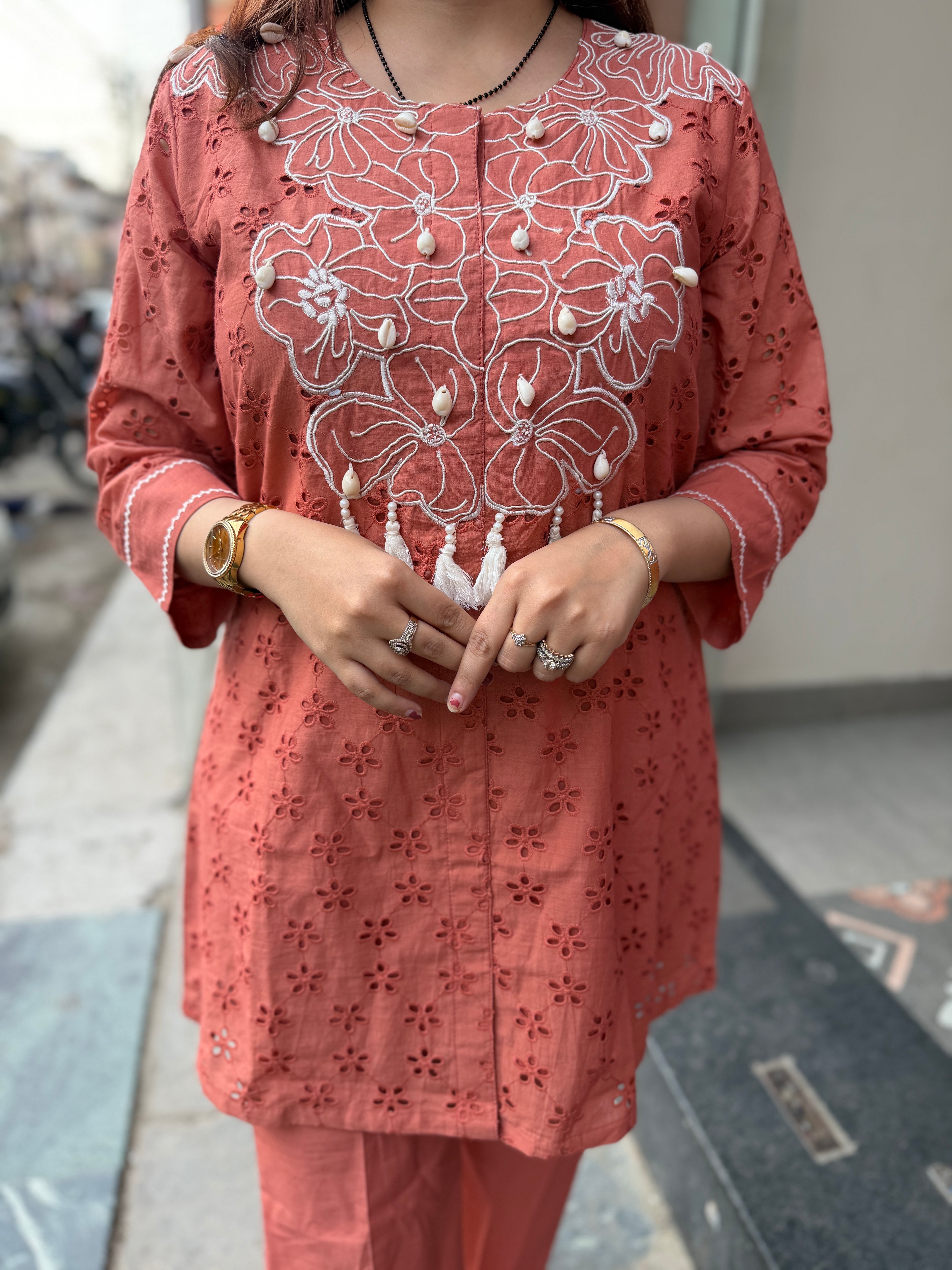 Rust cotton embroidered coord set
