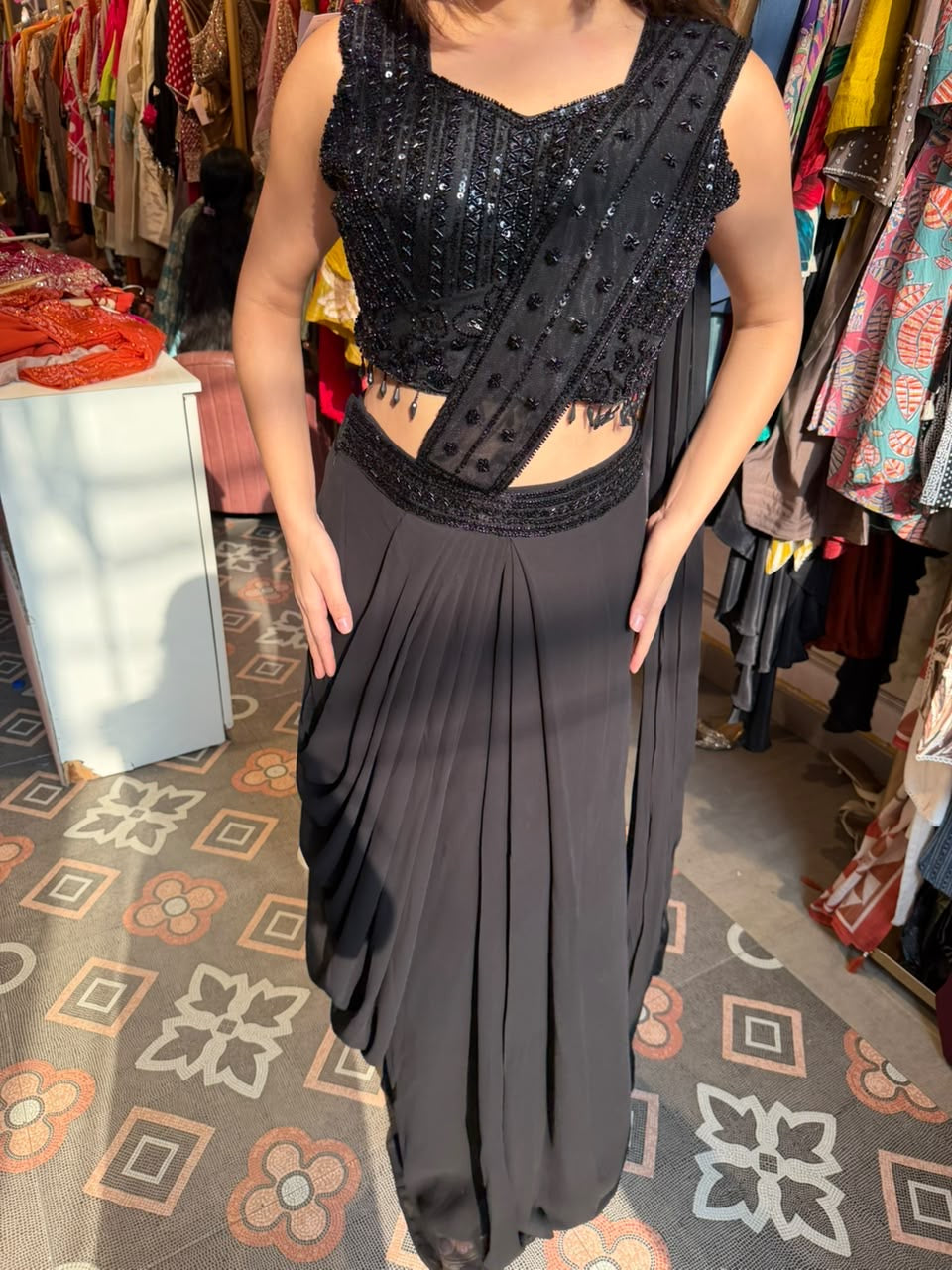 Black Embellished Draped Crop Top with Flared Palazzo Skirt