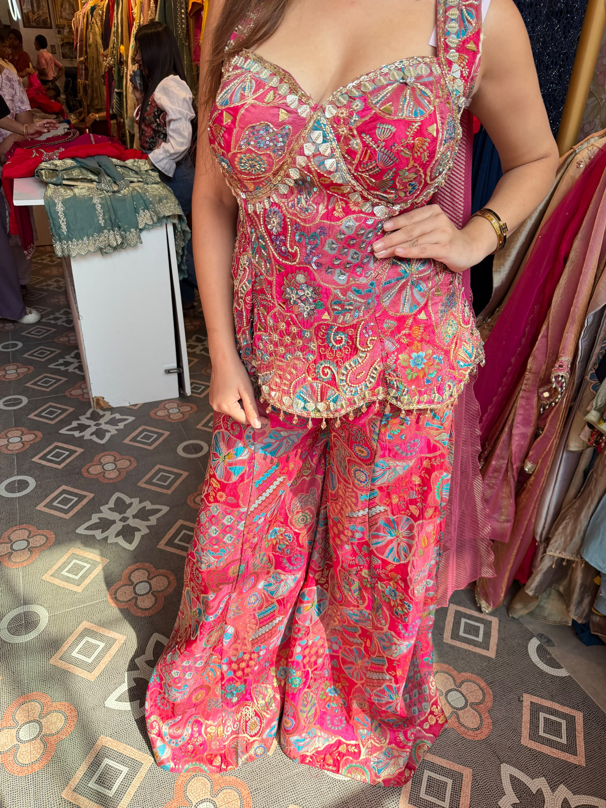 Embroidered Peplum Palazzo Co-ord Set with Dupatta