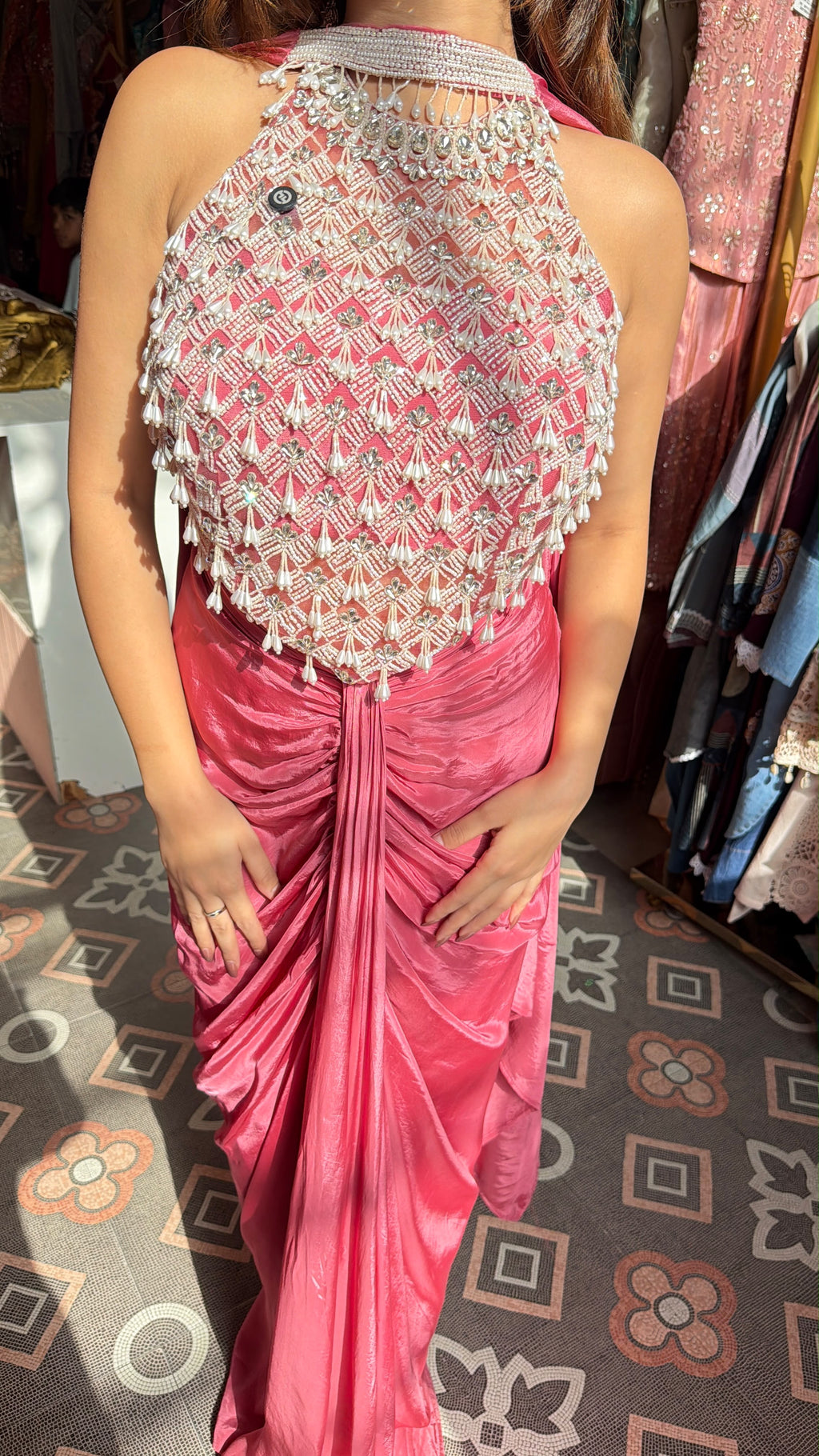 Draped Dhoti-Style Saree Set with Embellished Halter Top