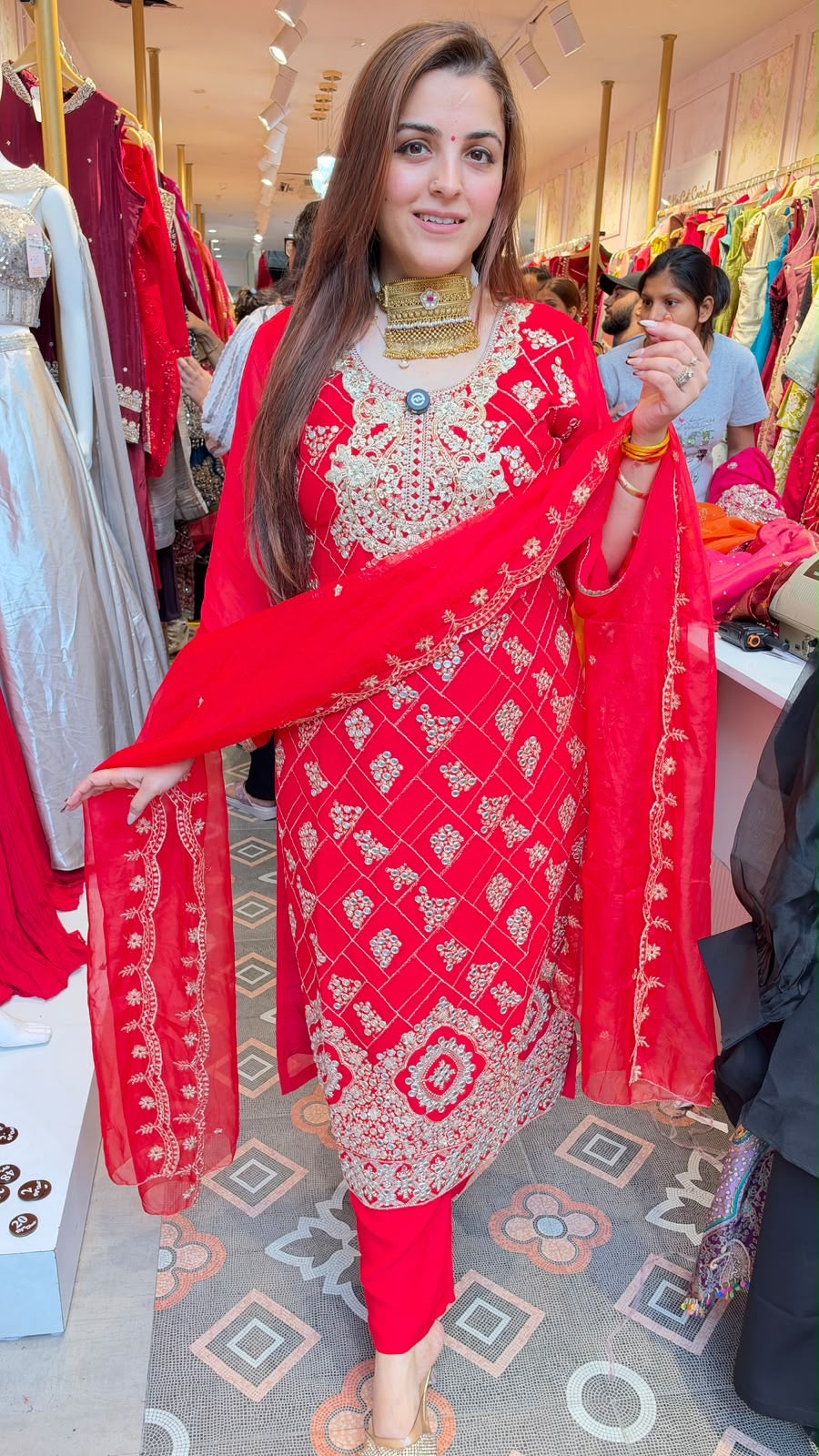 Red Heavy Embroidered Straight-Cut Suit Set