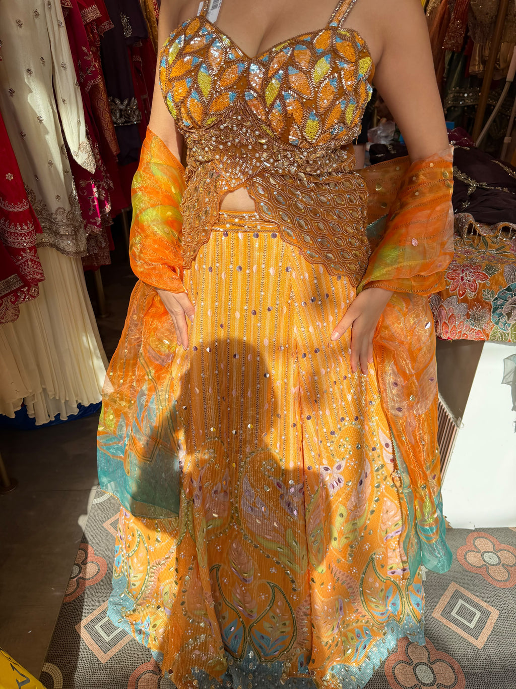 Sunshine Yellow & Turquoise Blue Embroidered Lehenga Choli with Dupatta