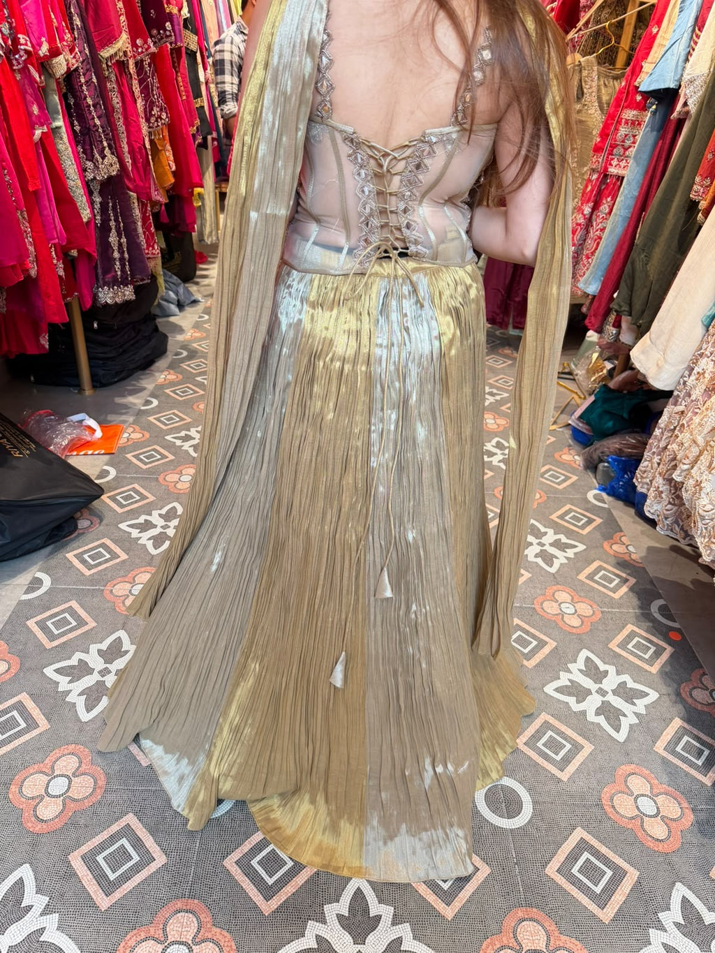 Champagne Gold Mirror-Work Corset Lehenga