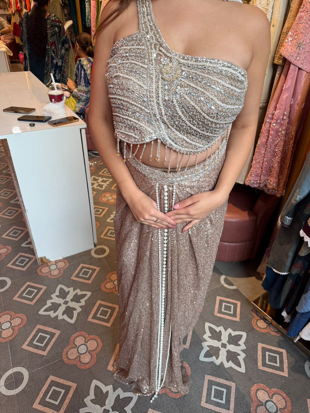 Champagne Rose Sequined Pre-Draped Saree with Corset Blouse