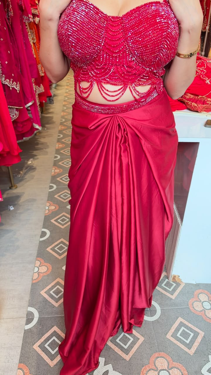 Designer Satin Drape Skirt with Beaded Cutwork Blouse