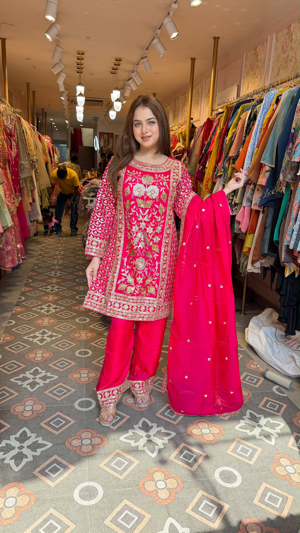 Fuchsia Embroidered Straight Kurta with Palazzo Pants & Dupatta