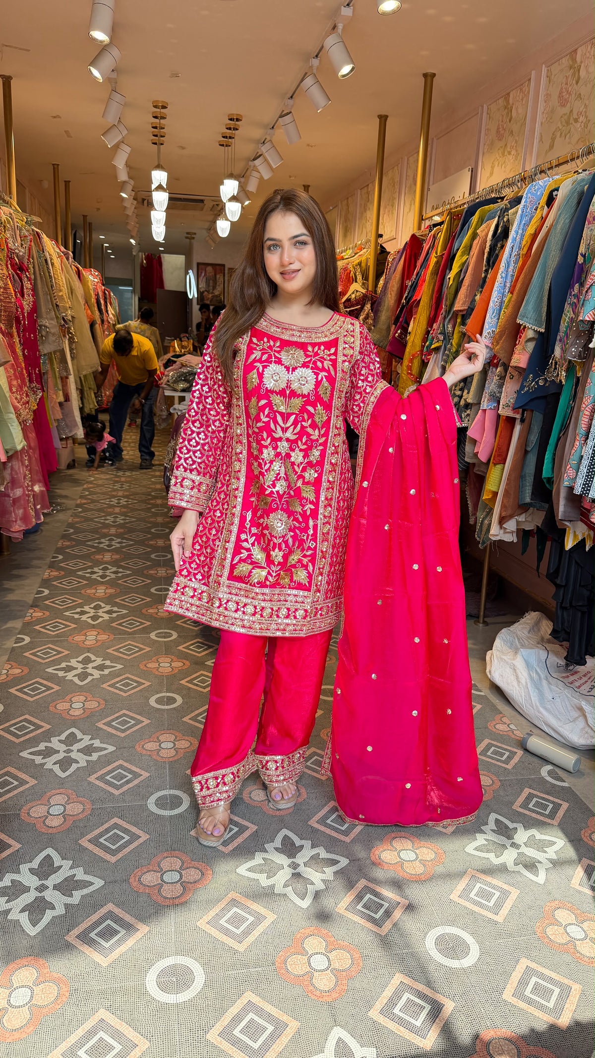 Fuchsia Embroidered Straight Kurta with Palazzo Pants & Dupatta