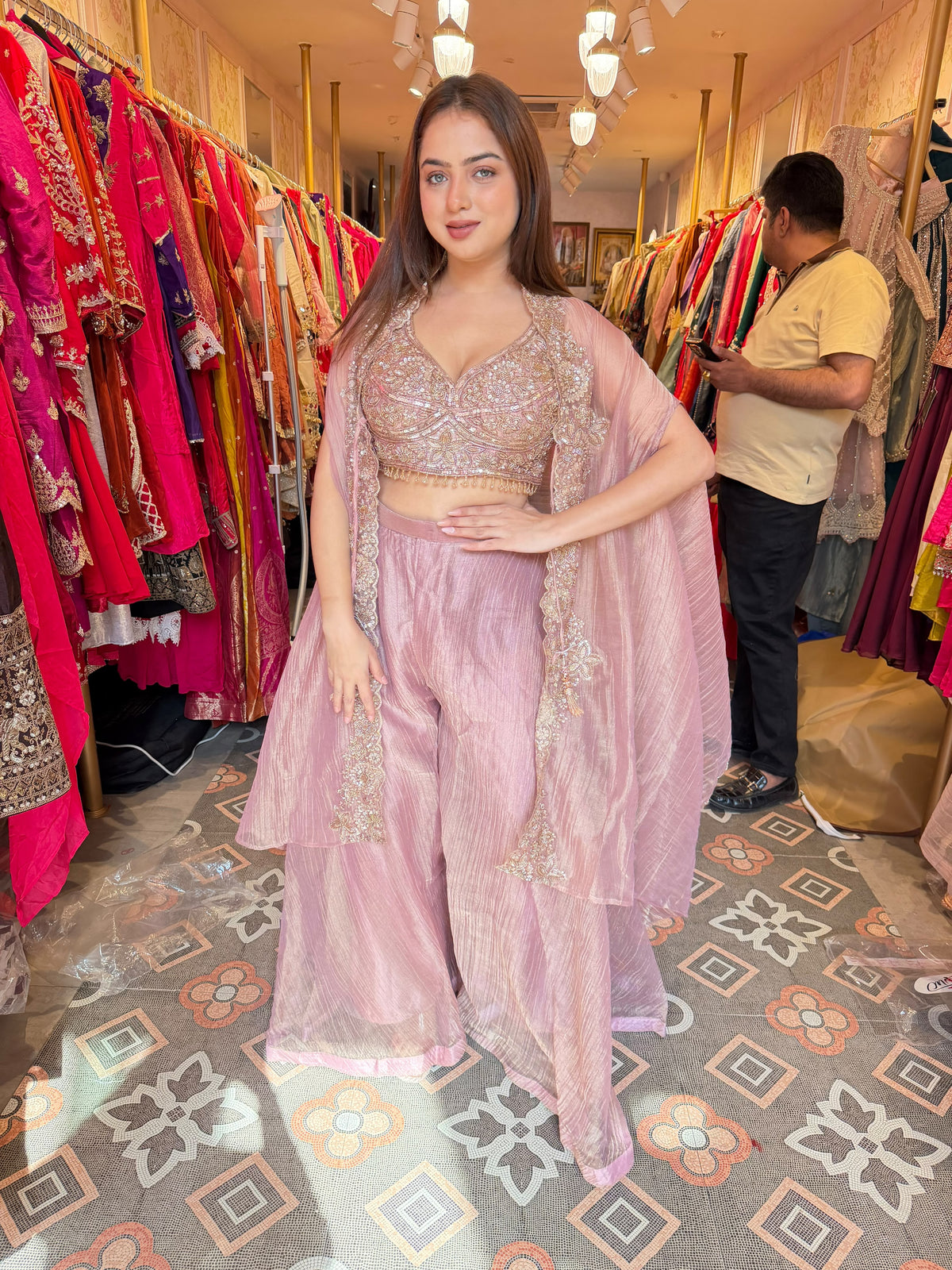 Elegant Embroidered Palazzo with CapeAPE Sharer Set