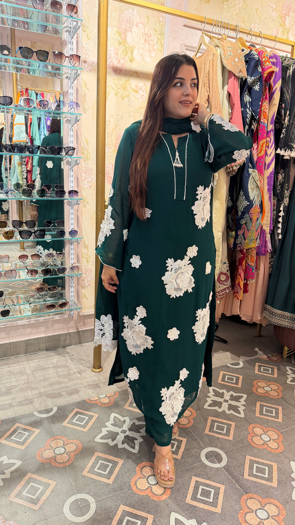 Emerald Green Floral Appliqué Kurta Set with Dupatta