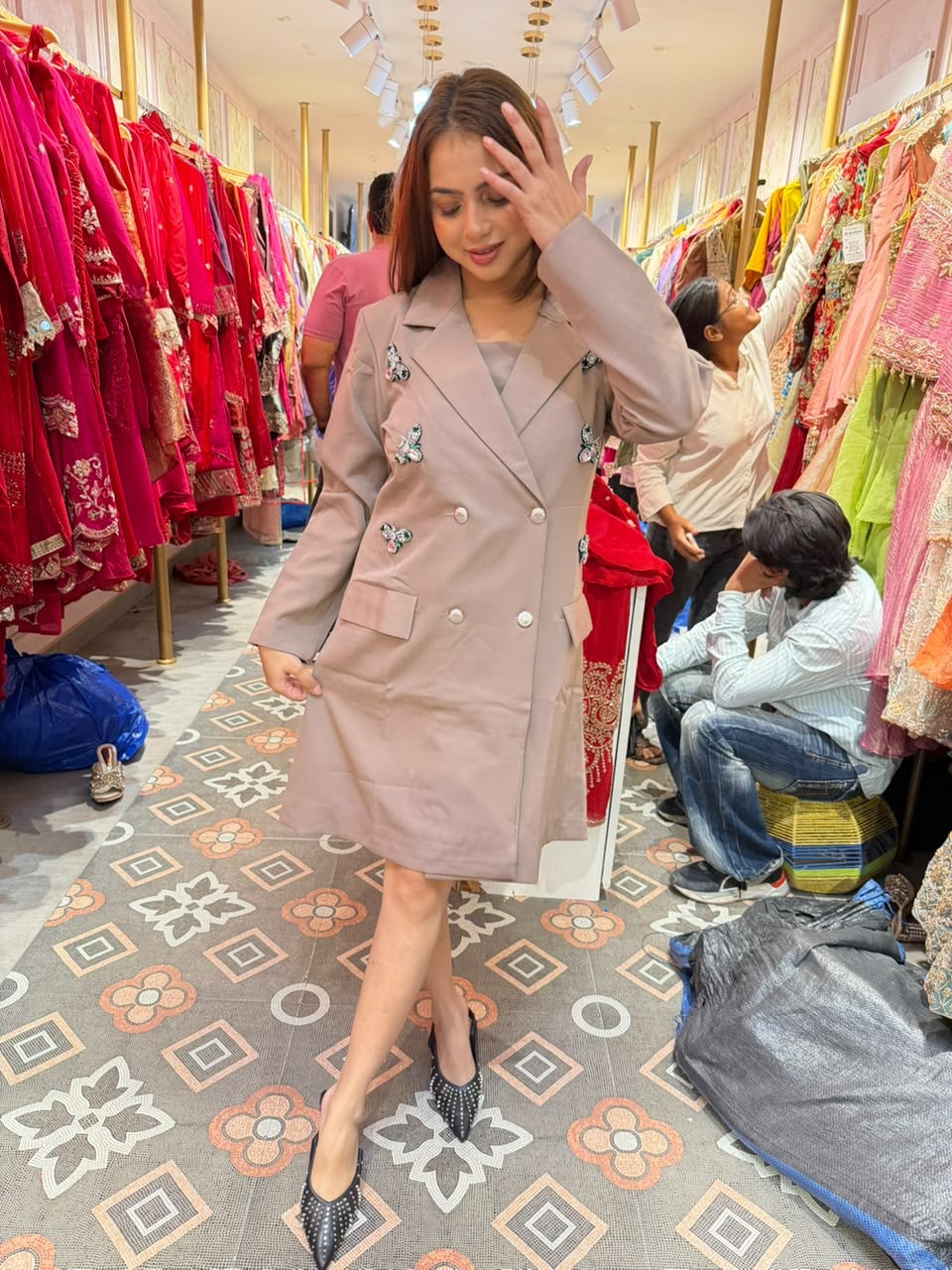 Taupe Embellished Double-Breasted Blazer Coat