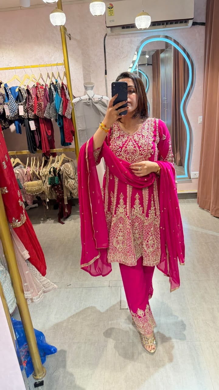 Rani Pink Embroidered Angrakha-Style Kurta Pant Set with Dupatta