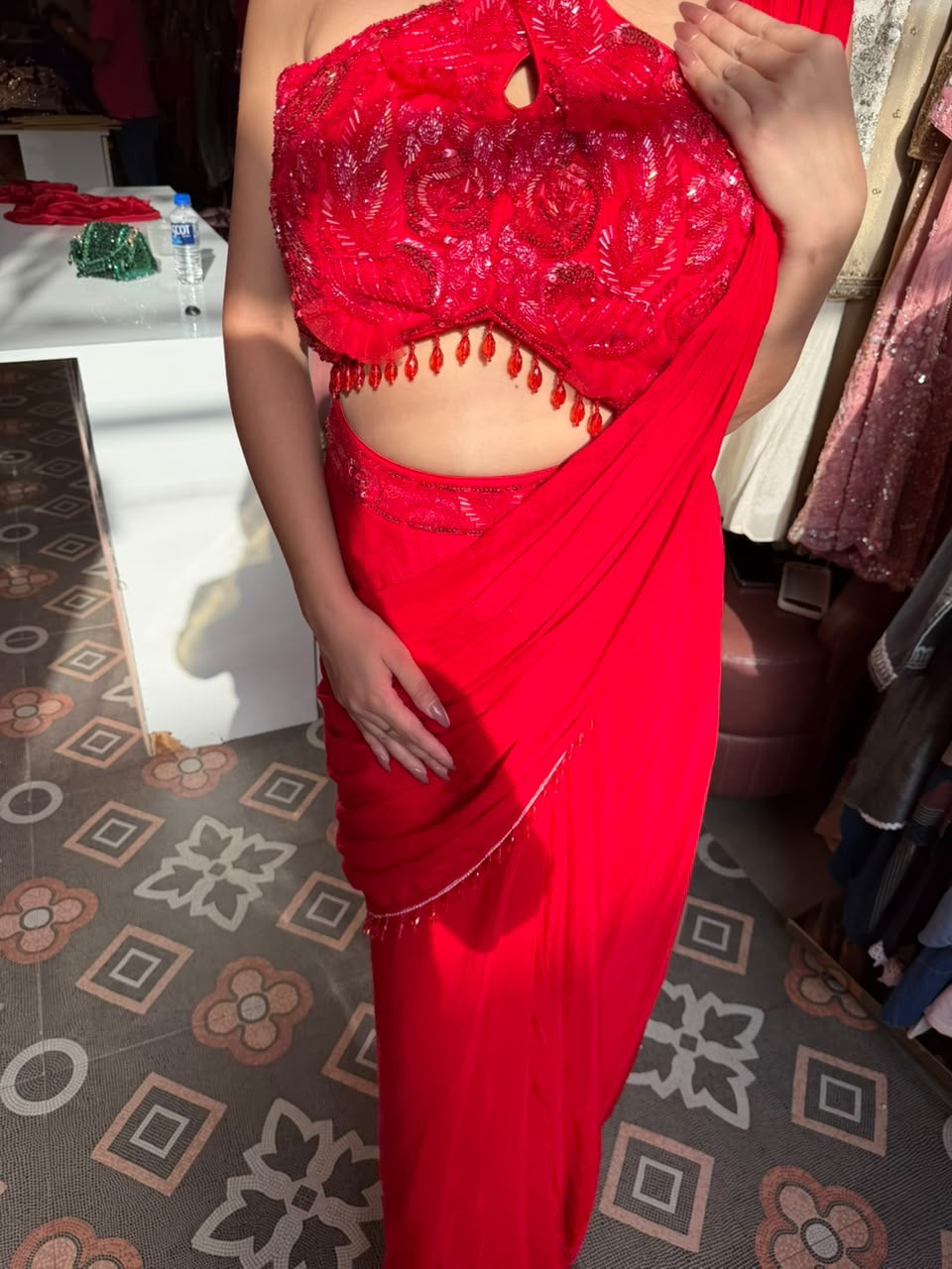 Red Draped Saree with Embellished Halter Crop Blouse