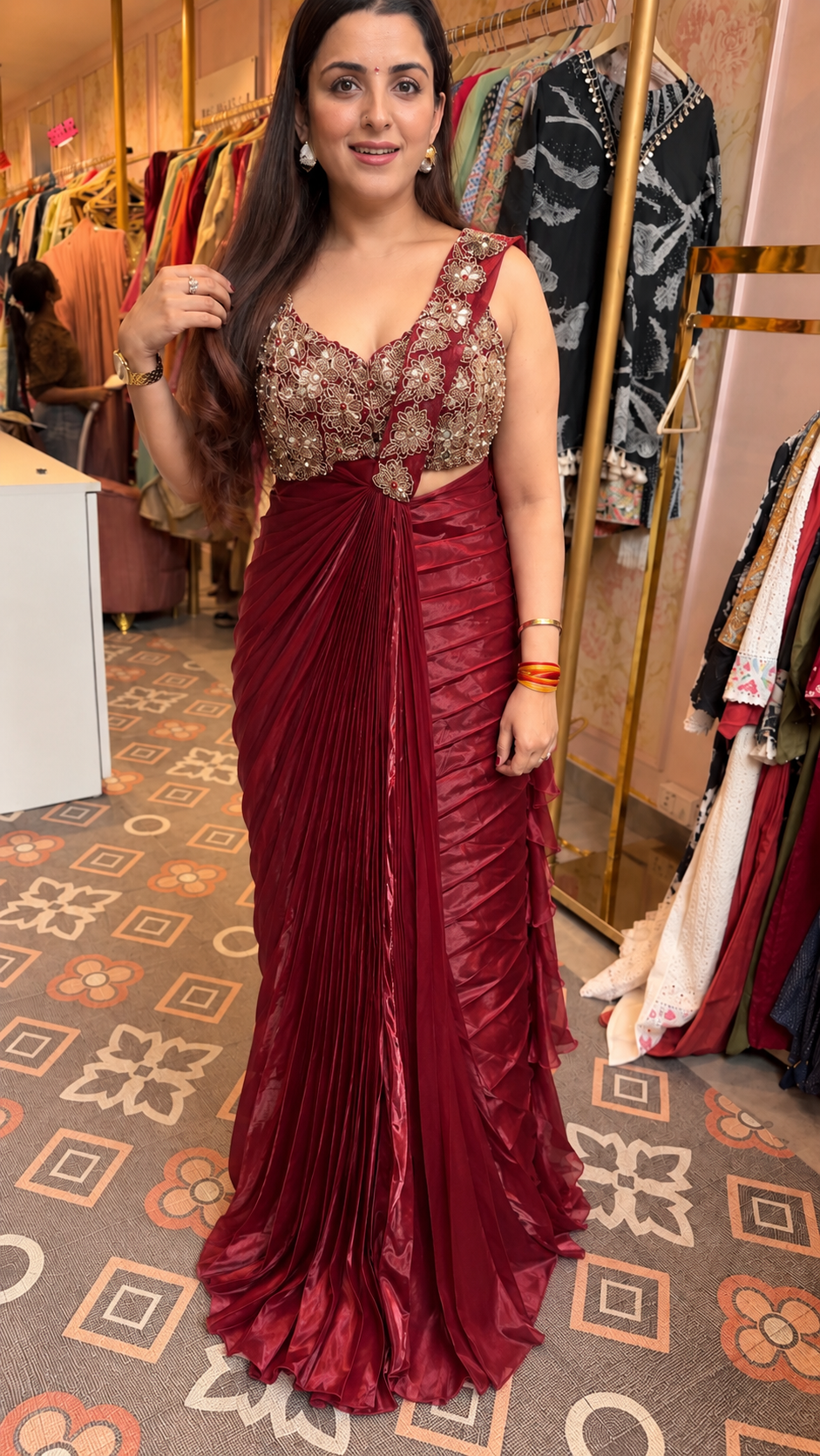 Draped Pre-Pleated Saree with Embellished Blouse