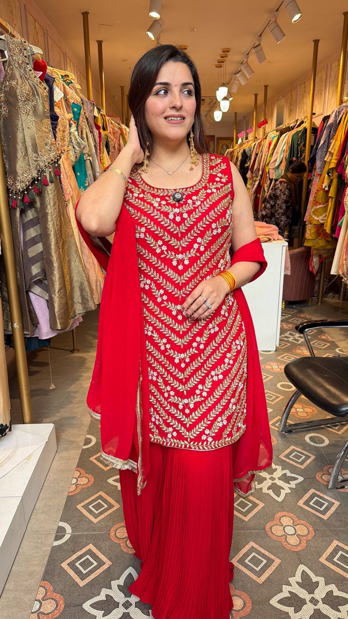 Red Embroidered Straight Kurta with Pleated Palazzo Pants & Dupatta Set