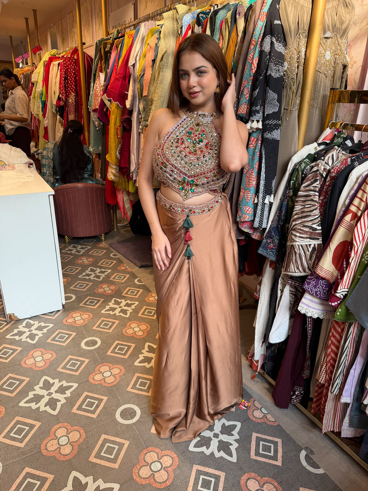 Embellished Halter-Neck Crop Top with Draped Palazzo Pants
