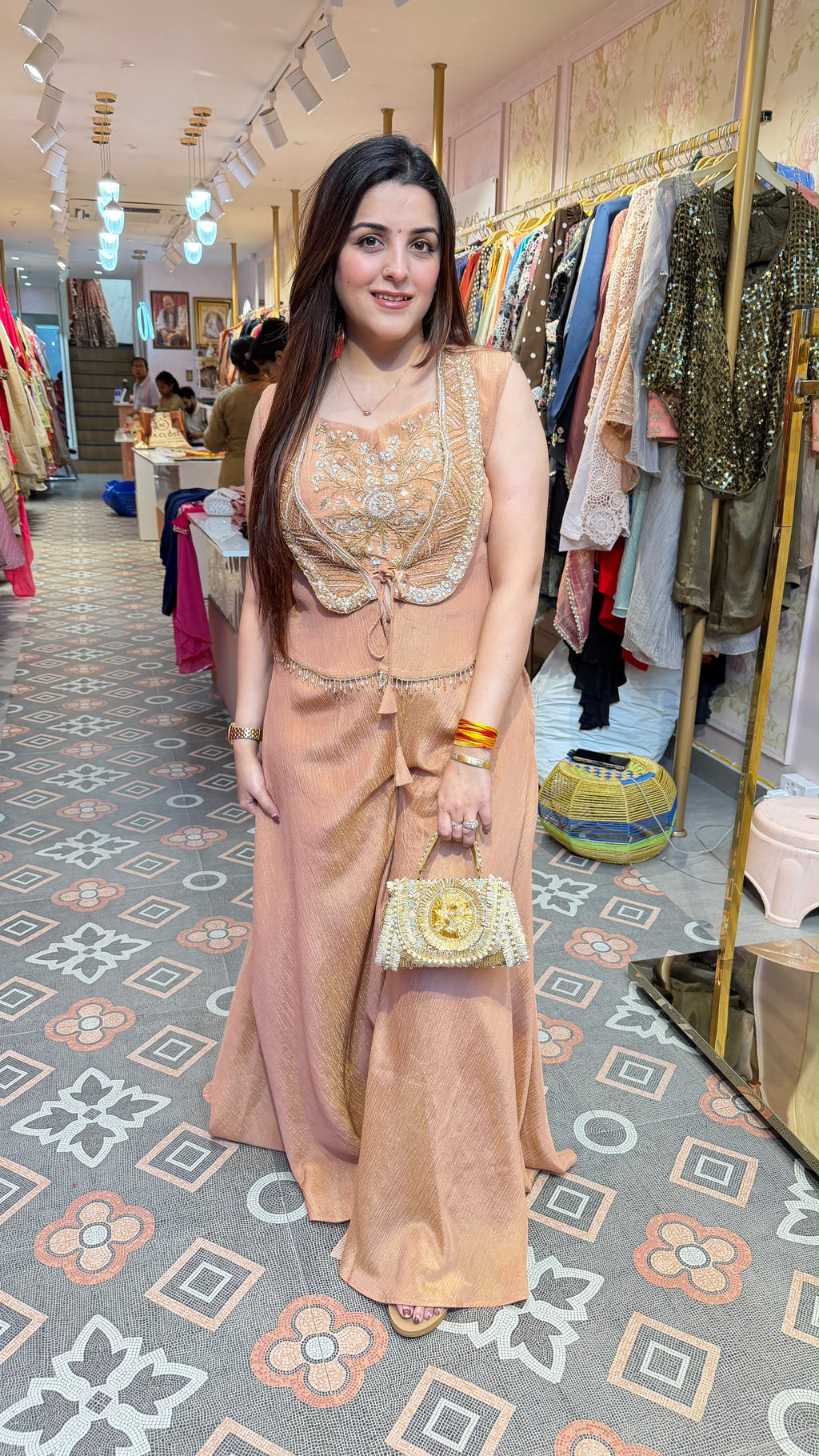 Peach Embroidered Peplum Top with Wide-Leg Palazzo Pants