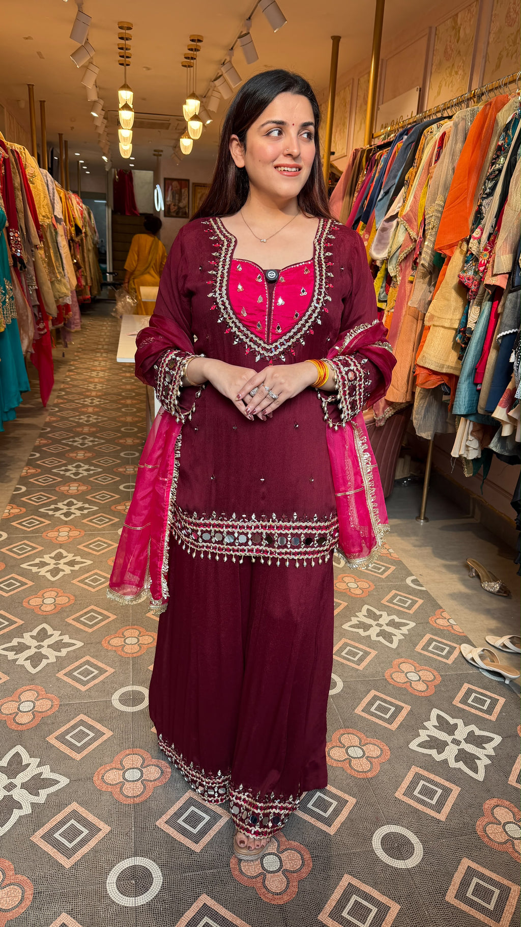 Mahogany Embroidered Straight Kurta with Palazzo Pants & Dupatta Se